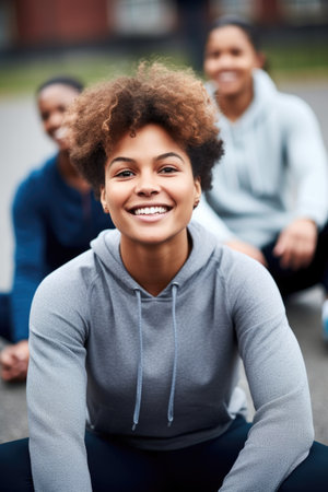 shot of a young woman sitting outside while exercising with her group, created with generative aiの素材