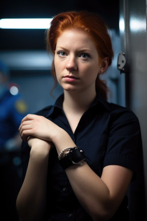 portrait of a young woman in handcuffs at an immigration checkpoint, created with generative aiの素材