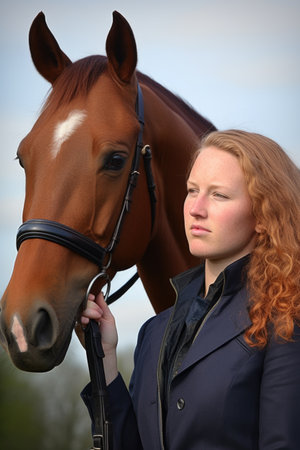 portrait of a woman holding the reins of her horse, created with generative aiの素材