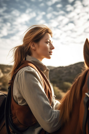 shot of a young woman looking at the view while horseback riding, created with generative aiの素材