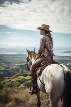 shot of a young woman looking at the view while horseback riding, created with generative aiの素材