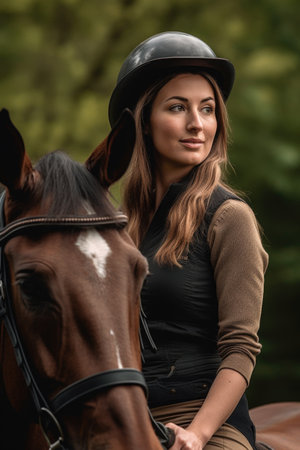 a gorgeous woman in an equestrian helmet on horseback, created with generative aiの素材