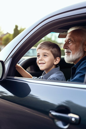 shot of a senior man driving his young grandson in a car outside, created with generative aiの素材