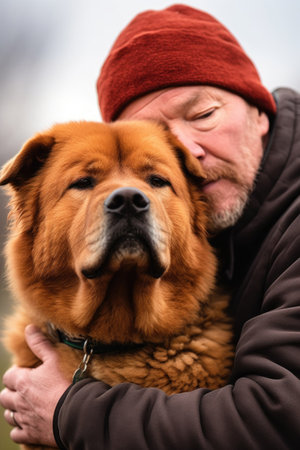 closeup shot of a man and his dog standing outside, created with generative aiの素材