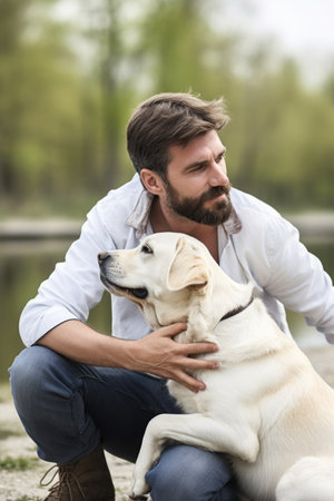 portrait of a man caring for his dog outdoors, created with generative aiの素材