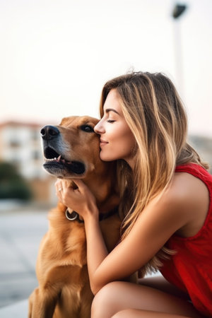 shot of an attractive woman bonding with her dog outside at day, created with generative aiの素材