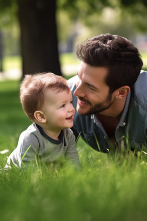 shot of a young man bonding with his son on the grass outdoors, created with generative aiの素材