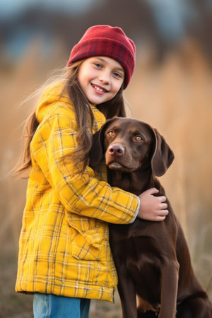 portrait of a little girl bonding with her dog outdoors, created with generative aiの素材