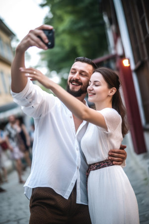 shot of two people taking a selfie while out dancing together, created with generative aiの素材
