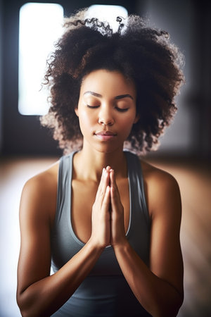 shot of a young woman practicing yoga at a dance studio, created with generative aiの素材