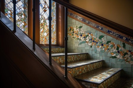 delicate mosaic tile pattern on staircase railing, created with generative aiの素材