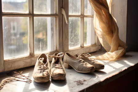 worn-out pointe shoes on a windowsill with natural light, created with generative aiの素材