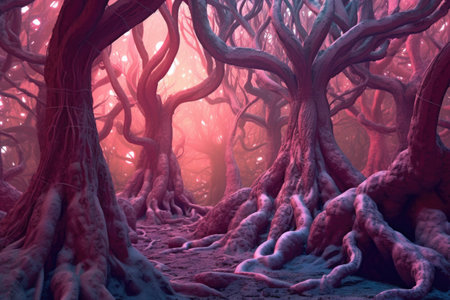 surreal glowing alien forest with large twisted trees, created with generative aiの素材