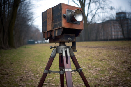 pinhole camera with open shutter on tripod, created with generative aiの素材