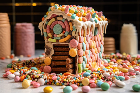 gingerbread house partially assembled with candies, created with generative aiの素材