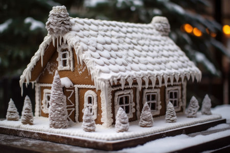gingerbread house with snow icing on roof, created with generative aiの素材