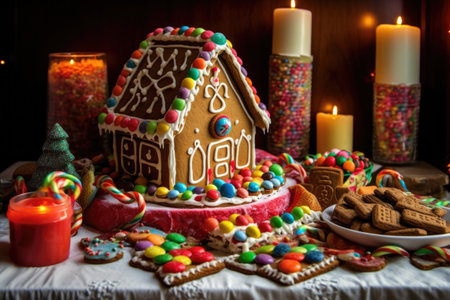 decorated gingerbread house surrounded by holiday treats, created with generative aiの素材