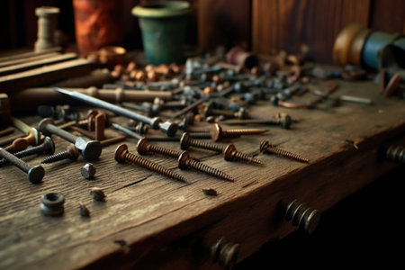 close-up of wooden planks and screws on workbench, created with generative aiの素材