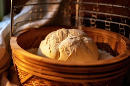 artisan bread dough rising in a proofing basket, created with generative aiの素材