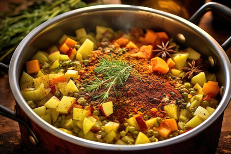 seasoning a vegetable casserole with spices and herbs, created with generative aiの素材