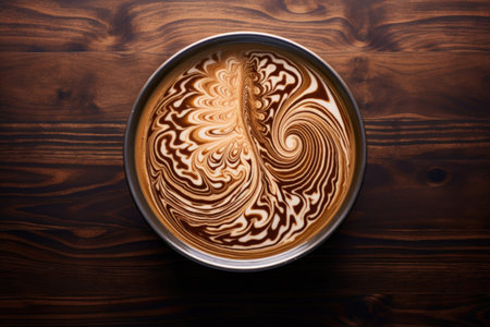 latte art pattern on dark wood table, created with generative aiの素材