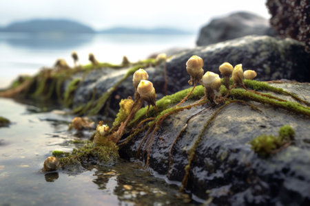 close-up of barnacles feeding on seaweed during low tide, created with generative aiの素材