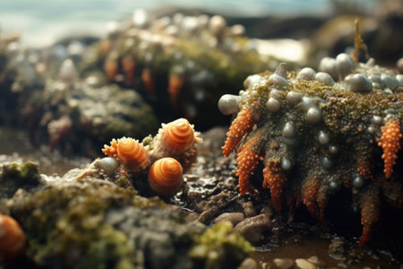 macro view of barnacles feeding on seaweed, created with generative aiの素材