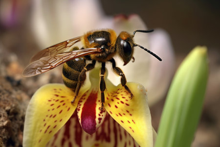 macro shot of bee orchids mimicry details, created with generative aiの素材