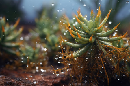 rain-soaked desert plants with water droplets glistening, created with generative aiの素材