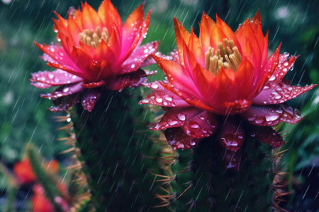 close-up of cactus flowers in vibrant colors after rain, created with generative aiの素材
