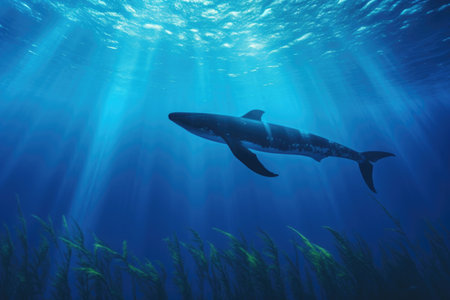 silhouette of blue whale diving deep beneath ocean surface, created with generative aiの素材