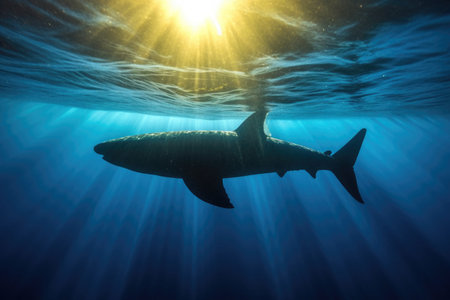 great white shark silhouette against sunlit ocean surface, created with generative aiの素材