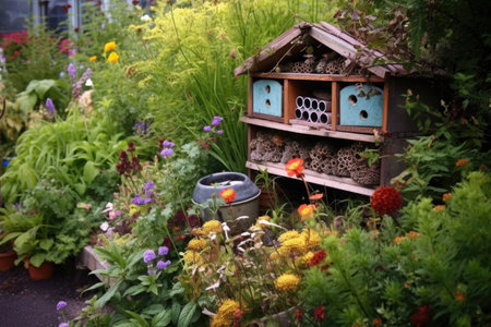 finished bug hotel nestled among flowering plants and shrubs, created with generative aiの素材