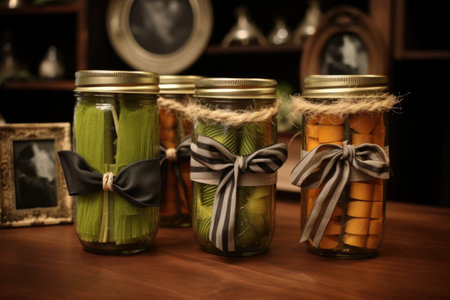 canned pickles with decorative labels and twine bows, created with generative aiの素材