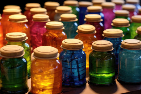 close-up of colorful pickle jars sealed with wax, created with generative aiの素材