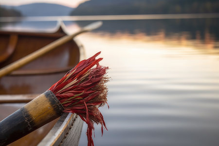close-up of a canoes bow with a lake in the background, created with generative aiの素材