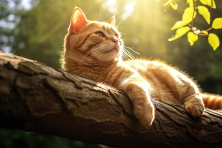 cat stretching out on a tree branch, basking in sunlight, created with generative aiの素材
