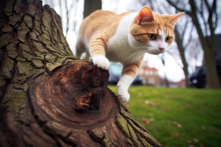 cat descending a tree trunk with focus on motion, created with generative aiの素材
