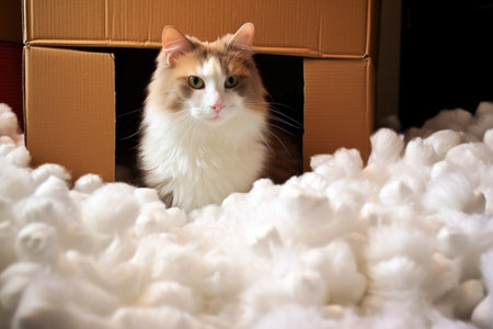 cat inside a box surrounded by packing peanuts, created with generative aiの素材