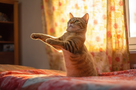 cat stretching on a warm blanket, early morning, created with generative aiの素材