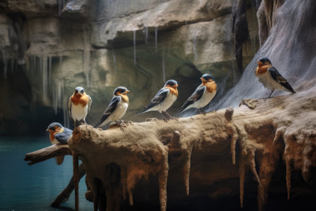 cave swallows perched on rocky ledges outside cave, created with generative aiの素材