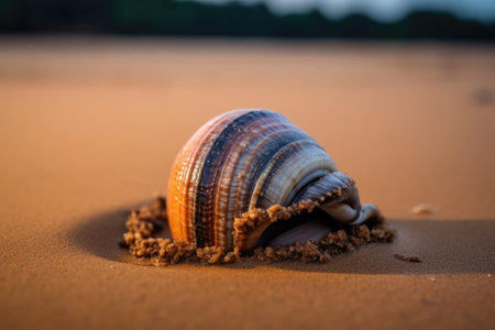 close-up of clam half-buried in wet sand, created with generative aiの素材