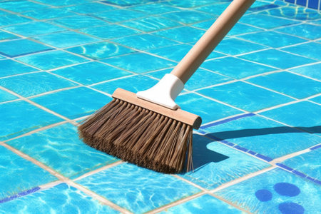 cleaning brush scrubbing swimming pool tiles, created with generative aiの素材