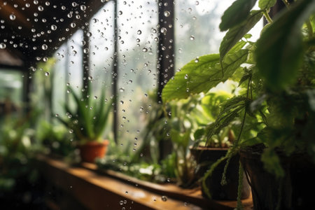 water droplets on glass during greenhouse cleaning, created with generative aiの素材