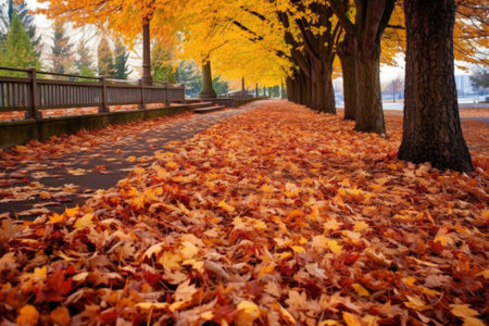 piles of colorful autumn leaves on park pathways, created with generative aiの素材
