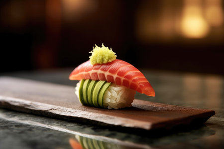 perfectly formed nigiri with a dab of wasabi, created with generative aiの素材