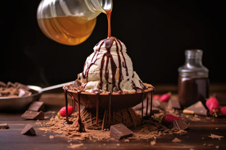 pouring chocolate syrup over a pile of ice cream, created with generative aiの素材