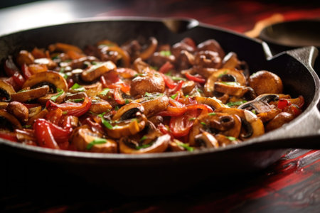 sizzling mushrooms and onions in a hot skillet, created with generative aiの素材