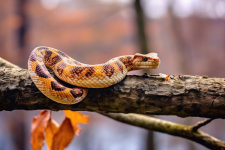 partially shed snake skin on a branch in nature, created with generative aiの素材