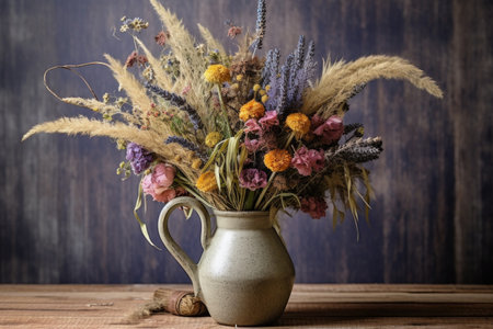 dried flower bouquet in a rustic vase, created with generative aiの素材